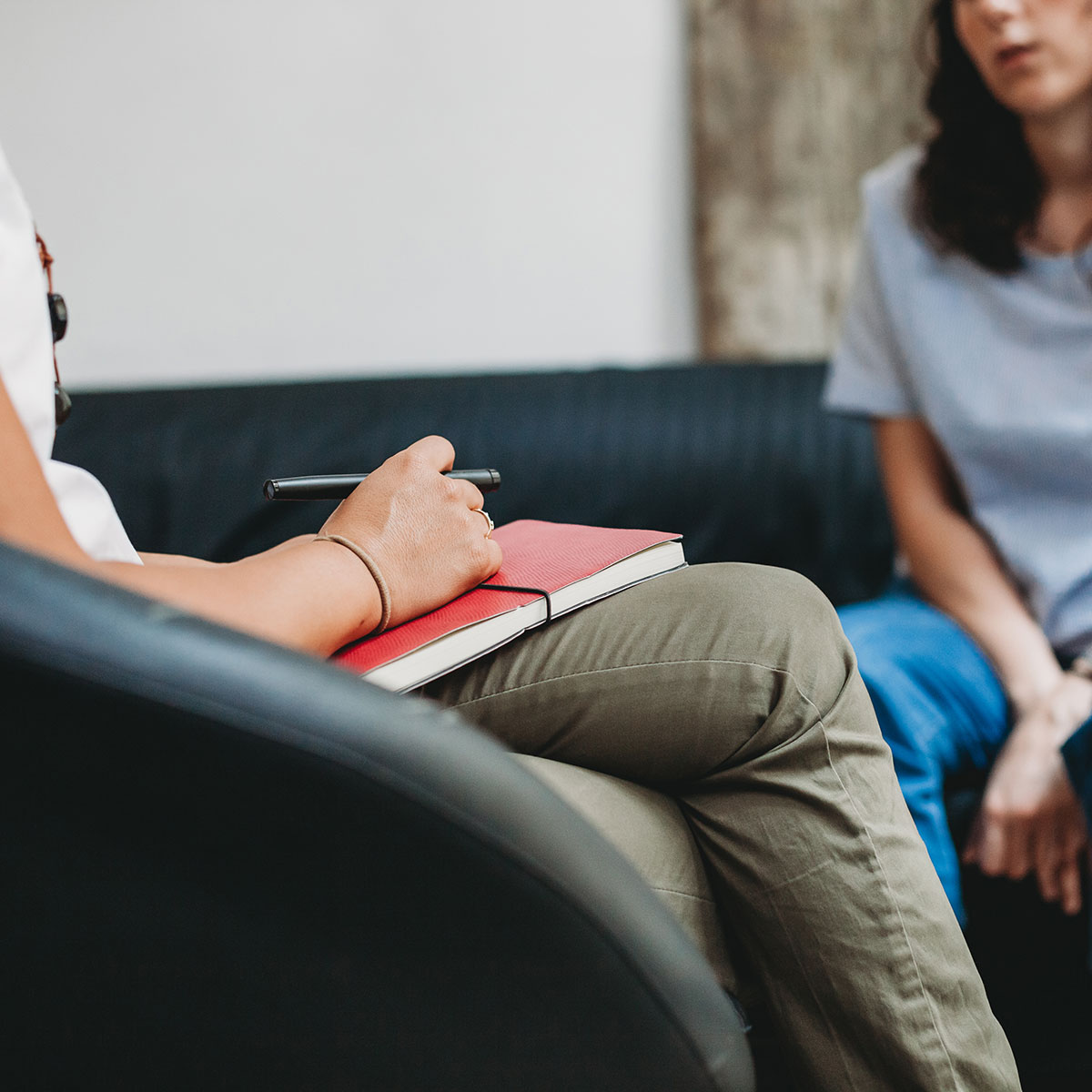 A therapist with a red notebooks speaks with a client.